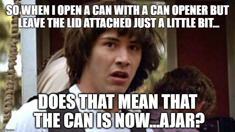 The can is now... | SO WHEN I OPEN A CAN WITH A CAN OPENER BUT LEAVE THE LID ATTACHED JUST A LITTLE BIT... DOES THAT MEAN THAT THE CAN IS NOW...AJAR? | image tagged in bill and ted,conspiracy keanu | made w/ Imgflip meme maker