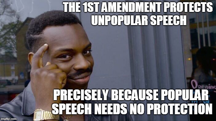 Roll Safe Think About It Meme | THE 1ST AMENDMENT PROTECTS UNPOPULAR SPEECH PRECISELY BECAUSE POPULAR SPEECH NEEDS NO PROTECTION | image tagged in memes,roll safe think about it | made w/ Imgflip meme maker