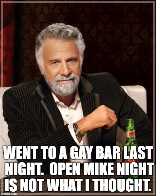 The Most Interesting Man In The World Meme | WENT TO A GAY BAR LAST NIGHT. 
OPEN MIKE NIGHT IS NOT WHAT I THOUGHT. | image tagged in memes,the most interesting man in the world | made w/ Imgflip meme maker