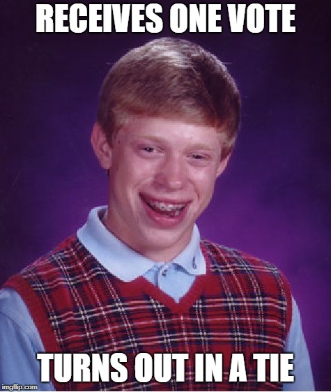 Bad Luck Brian Meme | RECEIVES ONE VOTE TURNS OUT IN A TIE | image tagged in memes,bad luck brian | made w/ Imgflip meme maker