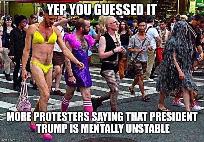 I know! I’m going to put a yellow two piece on and take it to the streets - You can’t make this stuff up | YEP YOU GUESSED IT; MORE PROTESTERS SAYING THAT PRESIDENT TRUMP IS MENTALLY UNSTABLE | image tagged in maga,donald trump,liberal logic | made w/ Imgflip meme maker