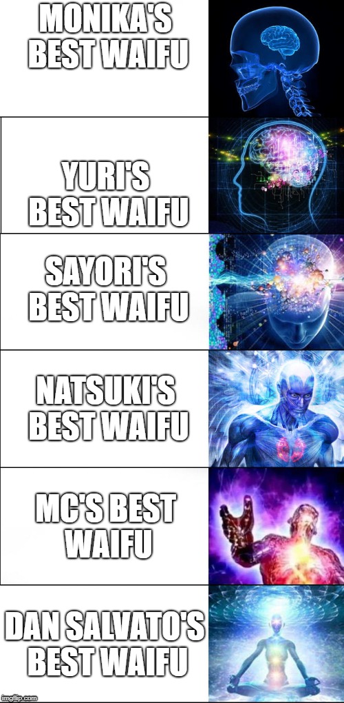 Expanding brain | MONIKA'S BEST WAIFU; YURI'S BEST WAIFU; SAYORI'S BEST WAIFU; NATSUKI'S BEST WAIFU; MC'S BEST WAIFU; DAN SALVATO'S BEST WAIFU | image tagged in expanding brain | made w/ Imgflip meme maker