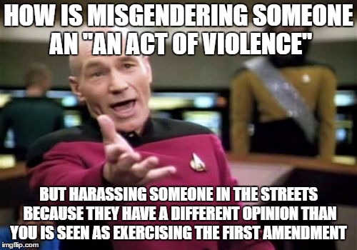Picard Wtf |  HOW IS MISGENDERING SOMEONE AN "AN ACT OF VIOLENCE"; BUT HARASSING SOMEONE IN THE STREETS BECAUSE THEY HAVE A DIFFERENT OPINION THAN YOU IS SEEN AS EXERCISING THE FIRST AMENDMENT | image tagged in memes,picard wtf | made w/ Imgflip meme maker