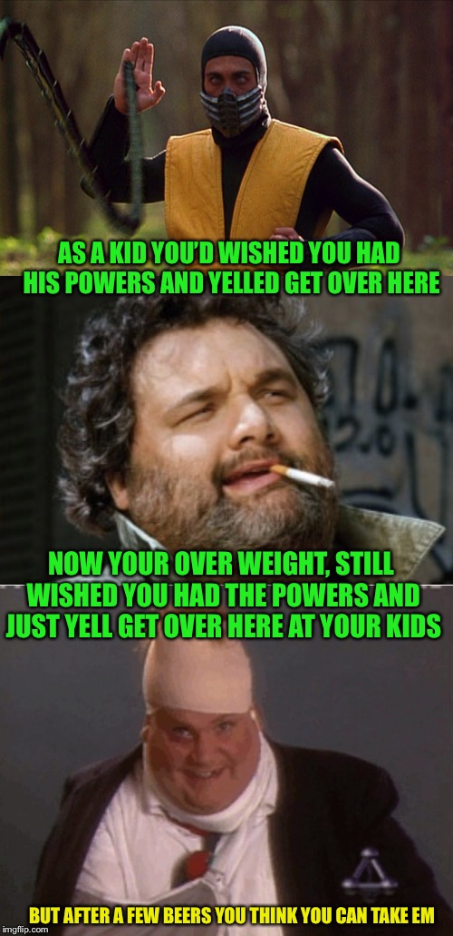 Upvotes “get over here” | AS A KID YOU’D WISHED YOU HAD HIS POWERS AND YELLED GET OVER HERE; NOW YOUR OVER WEIGHT, STILL WISHED YOU HAD THE POWERS AND JUST YELL GET OVER HERE AT YOUR KIDS; BUT AFTER A FEW BEERS YOU THINK YOU CAN TAKE EM | image tagged in memes,mortal kombat | made w/ Imgflip meme maker
