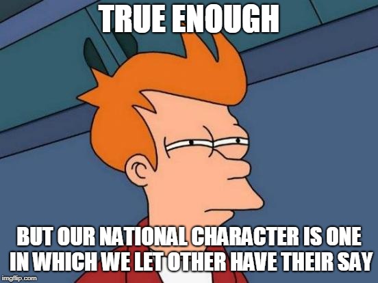 Futurama Fry Meme | TRUE ENOUGH BUT OUR NATIONAL CHARACTER IS ONE IN WHICH WE LET OTHER HAVE THEIR SAY | image tagged in memes,futurama fry | made w/ Imgflip meme maker