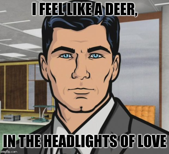 Archer | I FEEL LIKE A DEER, IN THE HEADLIGHTS OF LOVE | image tagged in memes,archer | made w/ Imgflip meme maker