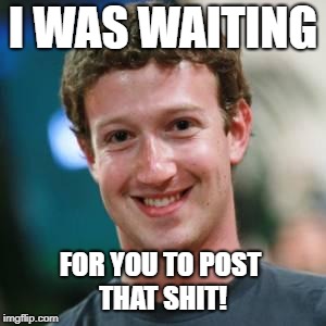 Zuck waiting | I WAS WAITING; FOR YOU TO POST THAT SHIT! | image tagged in mark zuckerberg,fbjail | made w/ Imgflip meme maker