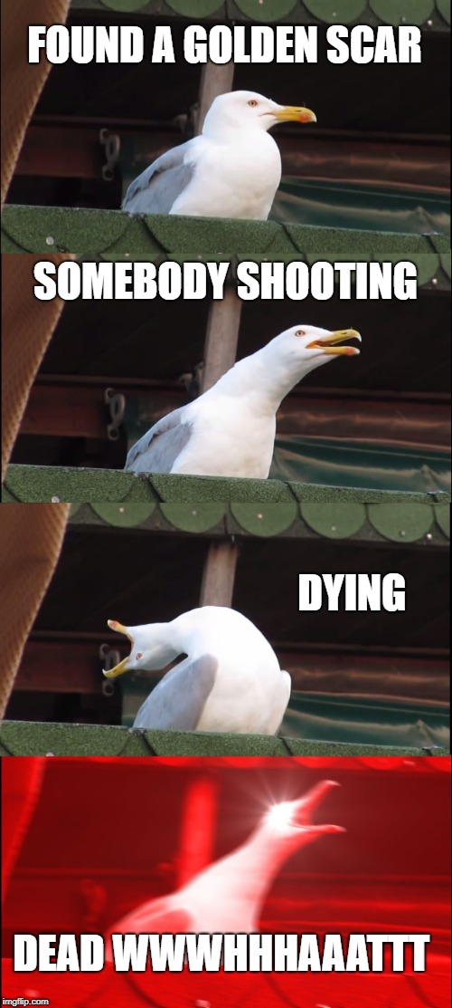 Inhaling Seagull Meme | FOUND A GOLDEN SCAR; SOMEBODY SHOOTING; DYING; DEAD WWWHHHAAATTT | image tagged in memes,inhaling seagull | made w/ Imgflip meme maker
