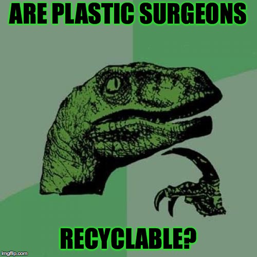 Philosoraptor Meme | ARE PLASTIC SURGEONS; RECYCLABLE? | image tagged in memes,philosoraptor,plastic surgery | made w/ Imgflip meme maker
