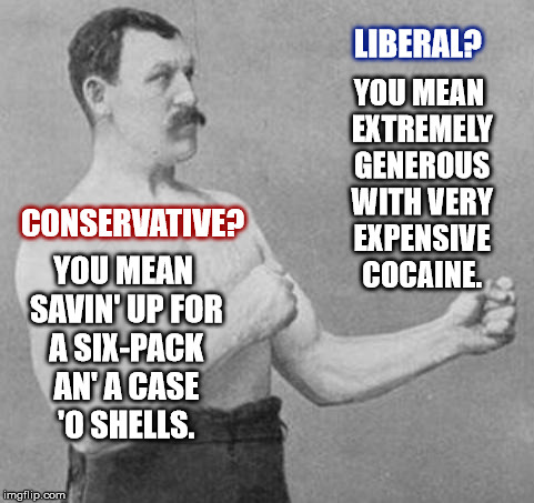 As Political as I Get
 | LIBERAL? YOU MEAN EXTREMELY GENEROUS WITH VERY EXPENSIVE COCAINE. CONSERVATIVE? YOU MEAN SAVIN' UP FOR A SIX-PACK AN' A CASE 'O SHELLS. | image tagged in overly manly man,politics,trump bill signing,the most interesting man in the world,memes | made w/ Imgflip meme maker