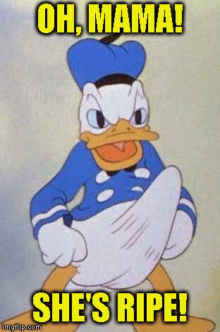 Horny Donald Duck | OH, MAMA! SHE'S RIPE! | image tagged in horny donald duck | made w/ Imgflip meme maker