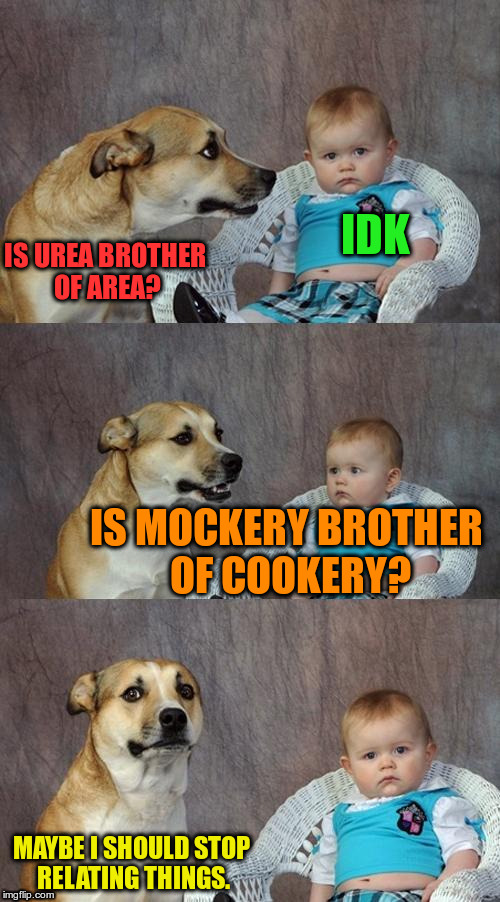 Dad Joke Dog | IDK; IS UREA BROTHER OF AREA? IS MOCKERY BROTHER OF COOKERY? MAYBE I SHOULD STOP RELATING THINGS. | image tagged in memes,dad joke dog | made w/ Imgflip meme maker