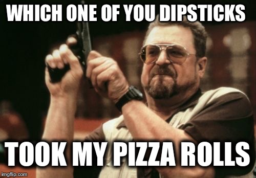 Am I The Only One Around Here Meme | WHICH ONE OF YOU DIPSTICKS; TOOK MY PIZZA ROLLS | image tagged in memes,am i the only one around here | made w/ Imgflip meme maker