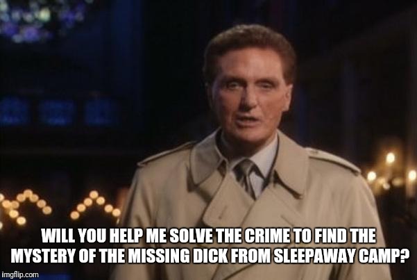 unsolved mysteries | WILL YOU HELP ME SOLVE THE CRIME TO FIND THE MYSTERY OF THE MISSING DICK FROM SLEEPAWAY CAMP? | image tagged in unsolved mysteries | made w/ Imgflip meme maker