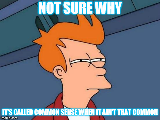 Makes you wonder doesn't it? | NOT SURE WHY; IT'S CALLED COMMON SENSE WHEN IT AIN'T THAT COMMON | image tagged in memes,futurama fry,common sense | made w/ Imgflip meme maker