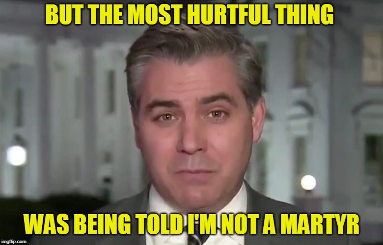 Through the Tears | BUT THE MOST HURTFUL THING; WAS BEING TOLD I'M NOT A MARTYR | image tagged in jim acosta,president trump,cnn | made w/ Imgflip meme maker