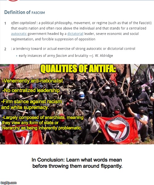 Not Actually Fascists | QUALITIES OF ANTIFA:; -Vehemently anti-nationalist; -No centralized leadership; -Firm stance against racism and white supremacy. -Largely composed of anarchists, meaning they view any form of state or hierarchy as being inherently problematic. In Conclusion: Learn what words mean before throwing them around flippantly. | image tagged in antifa,fascism,nazis,alt right,anarchism | made w/ Imgflip meme maker