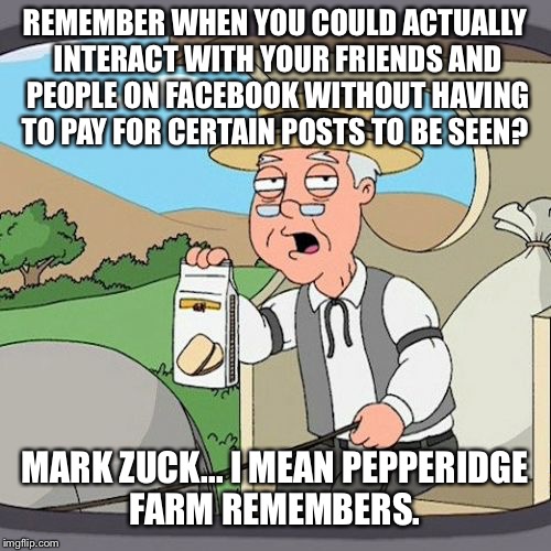 Pepperidge Farm Remembers Meme | REMEMBER WHEN YOU COULD ACTUALLY INTERACT WITH YOUR FRIENDS AND PEOPLE ON FACEBOOK WITHOUT HAVING TO PAY FOR CERTAIN POSTS TO BE SEEN? MARK ZUCK... I MEAN PEPPERIDGE FARM REMEMBERS. | image tagged in memes,pepperidge farm remembers | made w/ Imgflip meme maker
