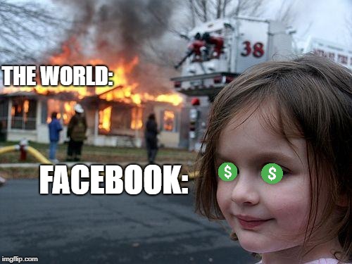 Facebook | THE WORLD:; FACEBOOK: | image tagged in memes,disaster girl,facebook | made w/ Imgflip meme maker