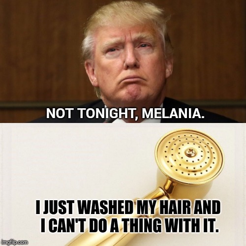 Golden Shower Hair Issues |  NOT TONIGHT, MELANIA. I JUST WASHED MY HAIR AND I CAN'T DO A THING WITH IT. | image tagged in golden shower,meme,memes,too funny,golden showers,donald trump crying | made w/ Imgflip meme maker