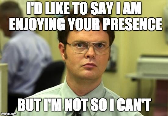 Dwight Schrute | I'D LIKE TO SAY I AM ENJOYING YOUR PRESENCE; BUT I'M NOT SO I CAN'T | image tagged in memes,dwight schrute | made w/ Imgflip meme maker