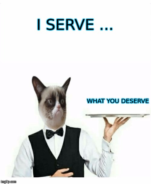 Grumpy Cat Waiter | I SERVE ... WHAT YOU DESERVE | image tagged in grumpy cat waiter | made w/ Imgflip meme maker