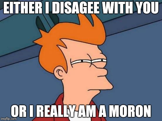 Futurama Fry Meme | EITHER I DISAGEE WITH YOU OR I REALLY AM A MORON | image tagged in memes,futurama fry | made w/ Imgflip meme maker