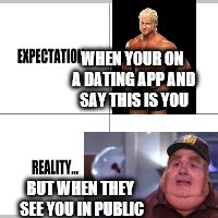 Expectation vs Reality | WHEN YOUR ON A DATING APP AND SAY THIS IS YOU; BUT WHEN THEY SEE YOU IN PUBLIC | image tagged in expectation vs reality | made w/ Imgflip meme maker