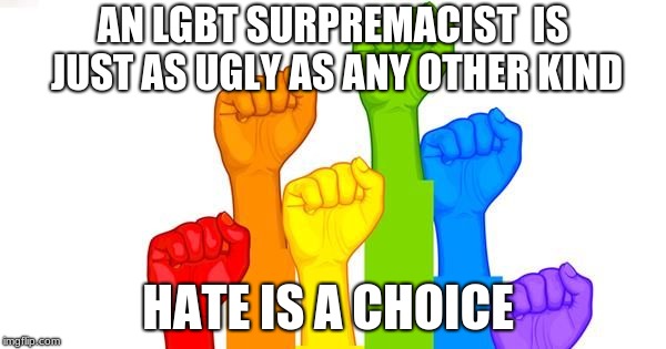 lgbt  | AN LGBT SURPREMACIST  IS JUST AS UGLY AS ANY OTHER KIND; HATE IS A CHOICE | image tagged in lgbt | made w/ Imgflip meme maker
