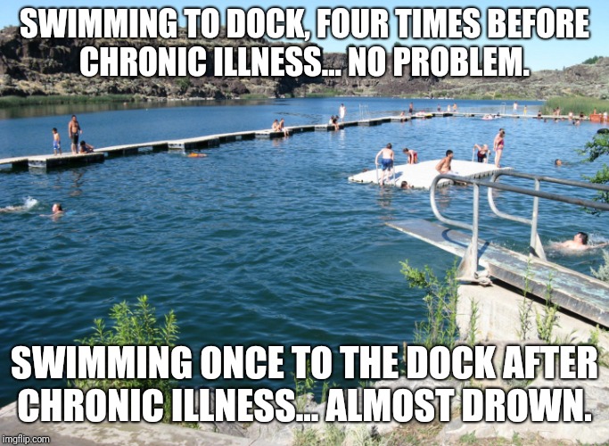 Chronic illness strikes again | SWIMMING TO DOCK, FOUR TIMES BEFORE CHRONIC ILLNESS... NO PROBLEM. SWIMMING ONCE TO THE DOCK AFTER CHRONIC ILLNESS... ALMOST DROWN. | image tagged in chronic illness,humor | made w/ Imgflip meme maker