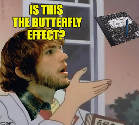Butterfly Effect  | IS THIS THE BUTTERFLY EFFECT? | image tagged in funny memes,butterfly,ashton kutcher,is this a pigeon | made w/ Imgflip meme maker