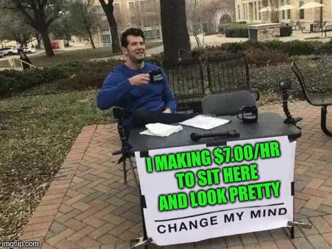 Change My Mind Meme | I MAKING $7.00/HR TO SIT HERE AND LOOK PRETTY | image tagged in change my mind | made w/ Imgflip meme maker