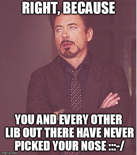 Face You Make Robert Downey Jr Meme | RIGHT, BECAUSE YOU AND EVERY OTHER LIB OUT THERE HAVE NEVER PICKED YOUR NOSE :::-/ | image tagged in memes,face you make robert downey jr | made w/ Imgflip meme maker