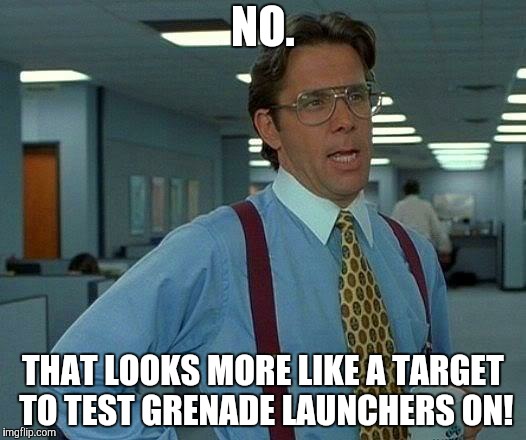 That Would Be Great Meme | NO. THAT LOOKS MORE LIKE A TARGET TO TEST GRENADE LAUNCHERS ON! | image tagged in memes,that would be great | made w/ Imgflip meme maker