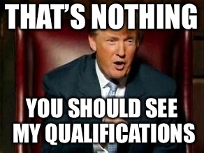 Donald Trump | THAT’S NOTHING YOU SHOULD SEE MY QUALIFICATIONS | image tagged in donald trump | made w/ Imgflip meme maker