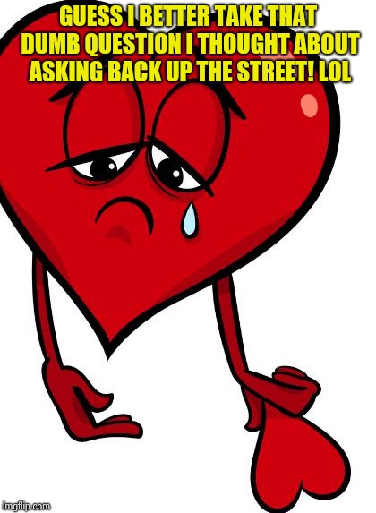 Guess I Better Take That Dumb Question I Thought About Asking Back Up The Street! lol | GUESS I BETTER TAKE THAT DUMB QUESTION I THOUGHT ABOUT ASKING BACK UP THE STREET! LOL | image tagged in memes,valentine's day,valentines,twitter,broken heart,pain | made w/ Imgflip meme maker