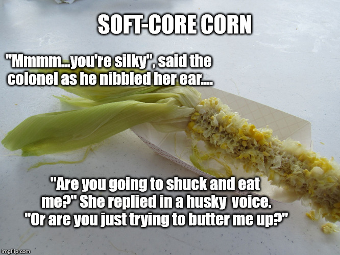 naked corn | SOFT-CORE CORN; "Mmmm...you're silky", said the colonel as he nibbled her ear.... "Are you going to shuck and eat me?" She replied in a husky  voice. "Or are you just trying to butter me up?" | image tagged in naked corn | made w/ Imgflip meme maker