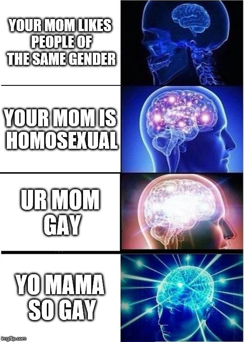 Expanding Mom Brain | YOUR MOM LIKES PEOPLE OF THE SAME GENDER; YOUR MOM IS HOMOSEXUAL; UR MOM GAY; YO MAMA SO GAY | image tagged in memes,expanding brain,funny,ur mom gay,your mom,yo mama joke | made w/ Imgflip meme maker