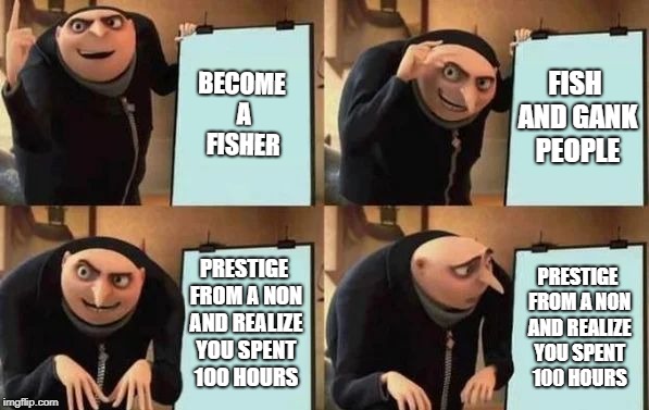Gru's Plan Meme | BECOME A FISHER; FISH AND GANK PEOPLE; PRESTIGE FROM A NON AND REALIZE YOU SPENT 100 HOURS; PRESTIGE FROM A NON AND REALIZE YOU SPENT 100 HOURS | image tagged in gru's plan | made w/ Imgflip meme maker