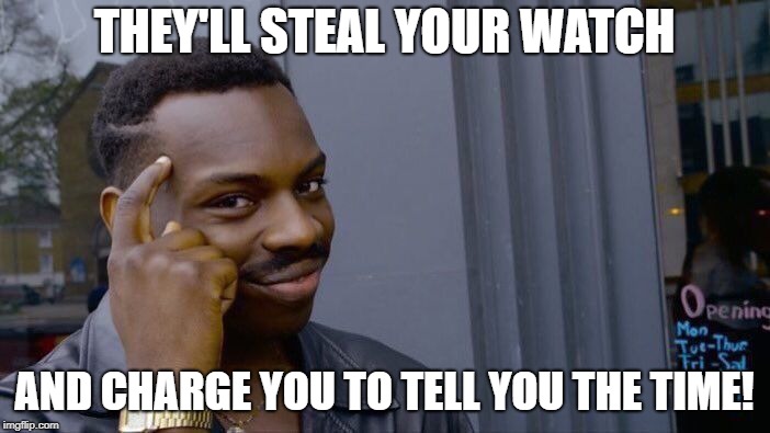 Roll Safe Think About It Meme | THEY'LL STEAL YOUR WATCH AND CHARGE YOU TO TELL YOU THE TIME! | image tagged in memes,roll safe think about it | made w/ Imgflip meme maker