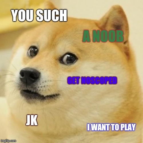 Doge Meme | YOU SUCH; A NOOB; GET NOSCOPED; JK; I WANT TO PLAY | image tagged in memes,doge | made w/ Imgflip meme maker