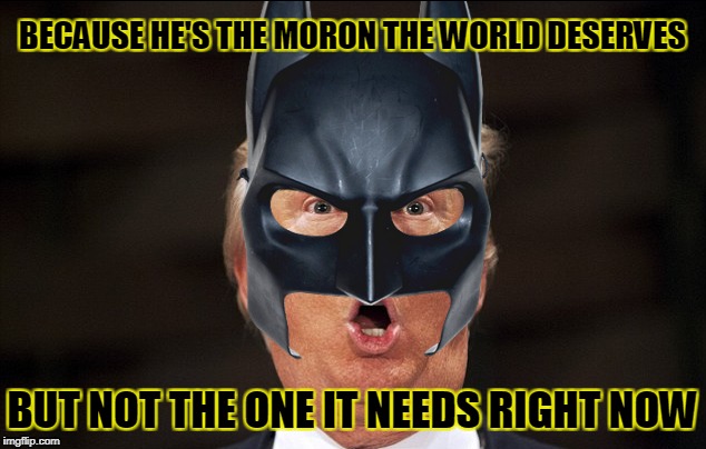 Donald Trump : The Blonde Moron Rises. | BECAUSE HE'S THE MORON THE WORLD DESERVES; BUT NOT THE ONE IT NEEDS RIGHT NOW | image tagged in donald trump,batman,moron,trump is a moron,movie quotes,president trump | made w/ Imgflip meme maker