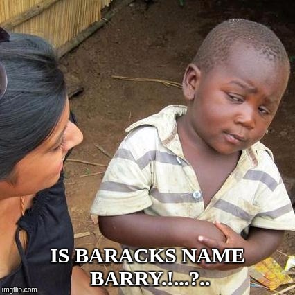 Third World Skeptical Kid asks about Barry  | IS BARACKS NAME BARRY.!...?.. | image tagged in memes,third world skeptical kid,barry,barack obama,the great awakening | made w/ Imgflip meme maker