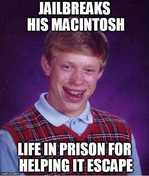 Bad Luck Brian Meme | JAILBREAKS HIS MACINTOSH; LIFE IN PRISON FOR HELPING IT ESCAPE | image tagged in memes,bad luck brian | made w/ Imgflip meme maker