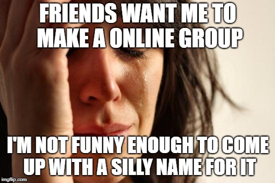 First World Problems Meme | FRIENDS WANT ME TO MAKE A ONLINE GROUP; I'M NOT FUNNY ENOUGH TO COME UP WITH A SILLY NAME FOR IT | image tagged in memes,first world problems | made w/ Imgflip meme maker