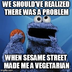 cookie monster | WE SHOULD'VE REALIZED THERE WAS A PROBLEM; WHEN SESAME STREET MADE ME A VEGETARIAN | image tagged in cookie monster | made w/ Imgflip meme maker
