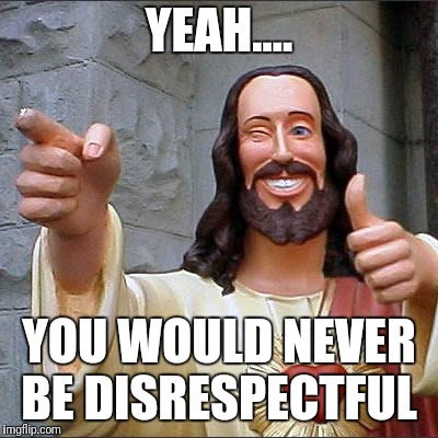 Buddy Christ | YEAH.... YOU WOULD NEVER BE DISRESPECTFUL | image tagged in memes,buddy christ | made w/ Imgflip meme maker