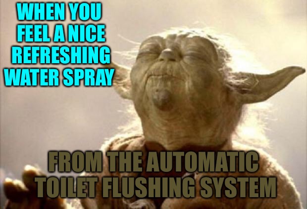 Yoda feels the Force | WHEN YOU FEEL A NICE REFRESHING WATER SPRAY; FROM THE AUTOMATIC TOILET FLUSHING SYSTEM | image tagged in yoda smell,memes | made w/ Imgflip meme maker