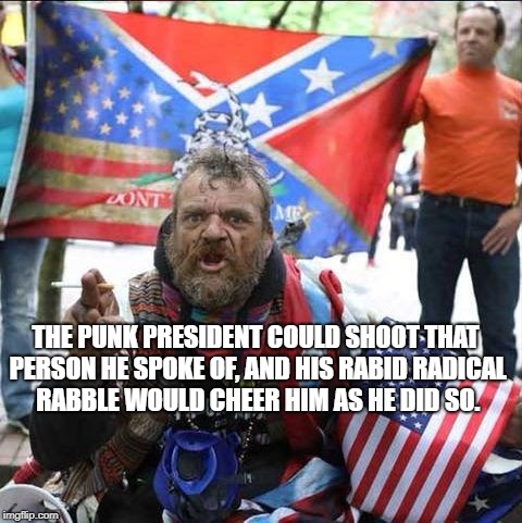 conservative alt right tardo | THE PUNK PRESIDENT COULD SHOOT THAT PERSON HE SPOKE OF, AND HIS RABID RADICAL RABBLE WOULD CHEER HIM AS HE DID SO. | image tagged in conservative alt right tardo | made w/ Imgflip meme maker