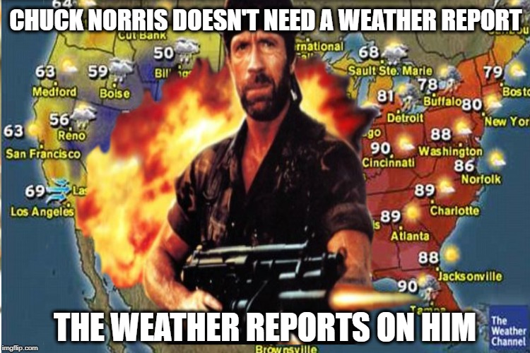 The Chuck Report - [Chuck Norris Week!] A Sir_Unknown/PowerMetalHead event Aug. 6-13 | CHUCK NORRIS DOESN'T NEED A WEATHER REPORT; THE WEATHER REPORTS ON HIM | image tagged in funny memes,chuck norris,chuck norris week,powermetalhead,sir_unknown,weather | made w/ Imgflip meme maker
